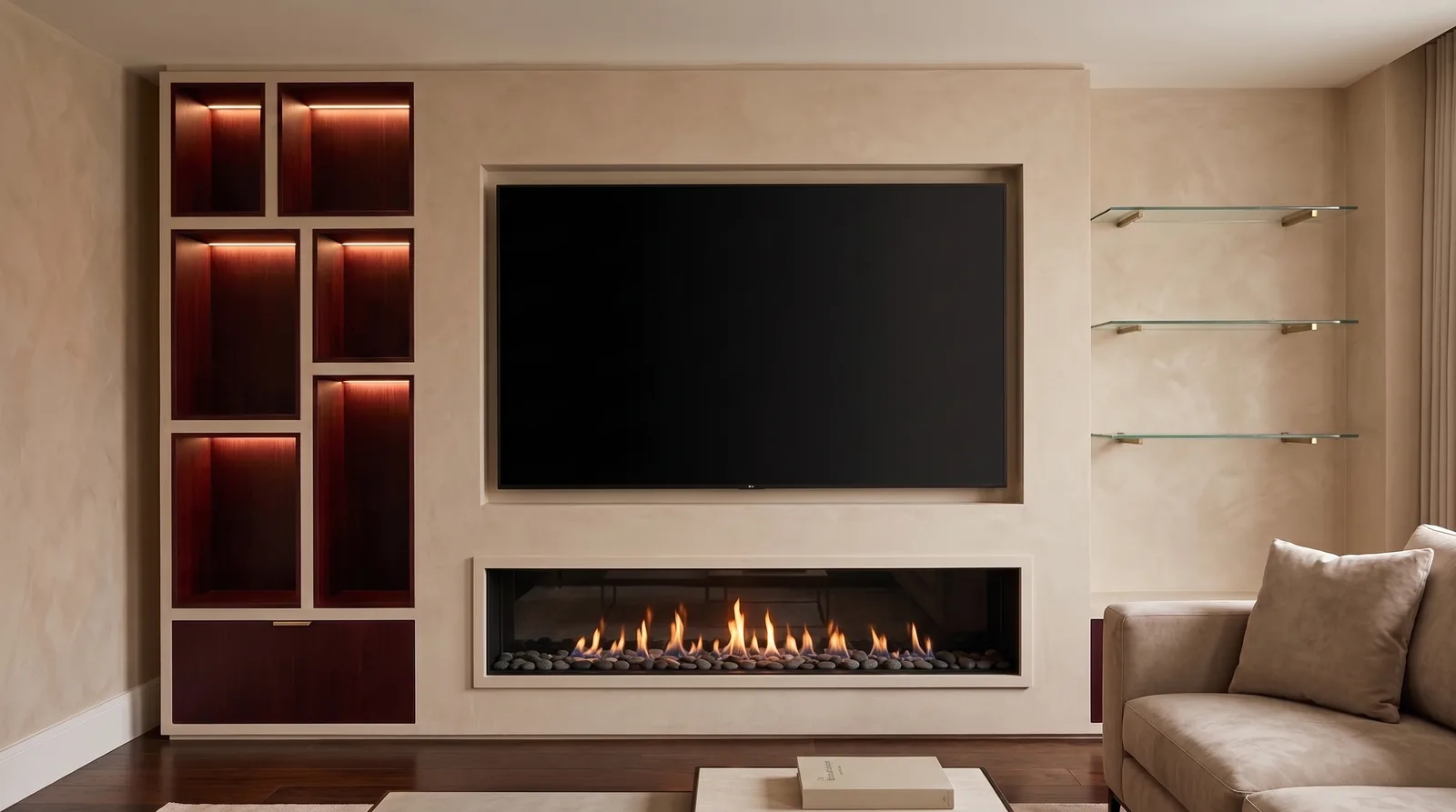 Plaster media wall with linear fireplace, illuminated walnut display niches and glass shelving