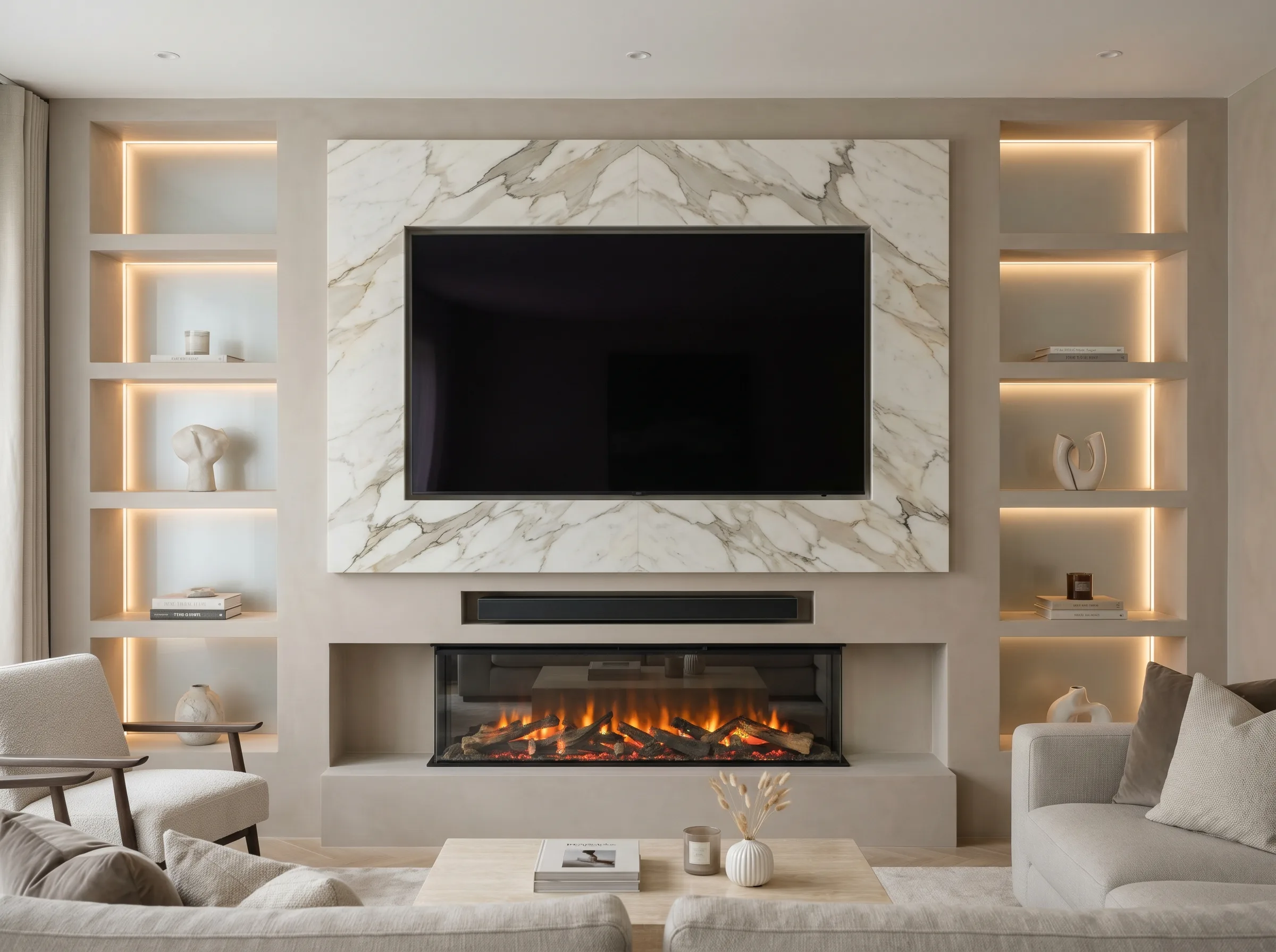 Luxury bespoke media wall installation Weybridge Surrey with marble back panel, plaster shelving, LED lighting and linear electric fireplace