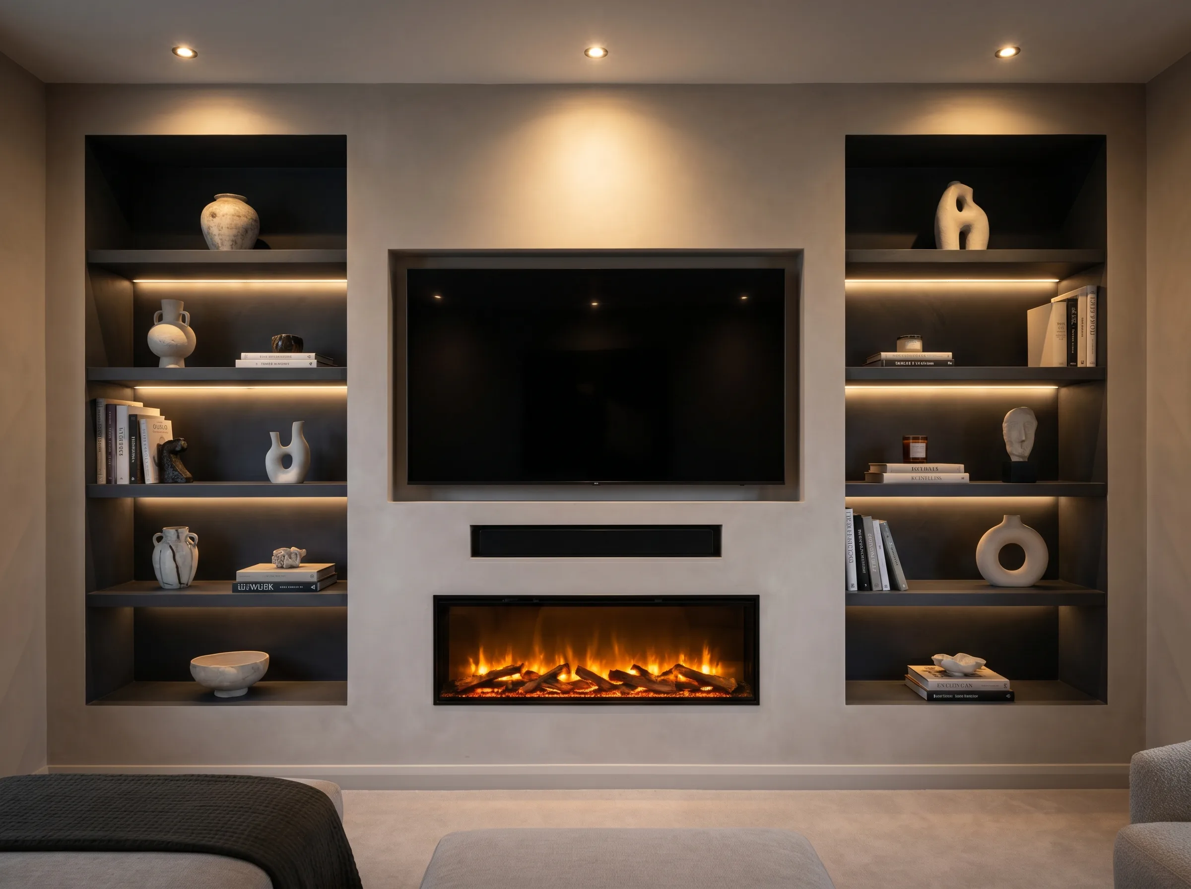 Bespoke media wall installation Woking Surrey with dark charcoal shelving, LED lighting, recessed TV and linear electric fireplace