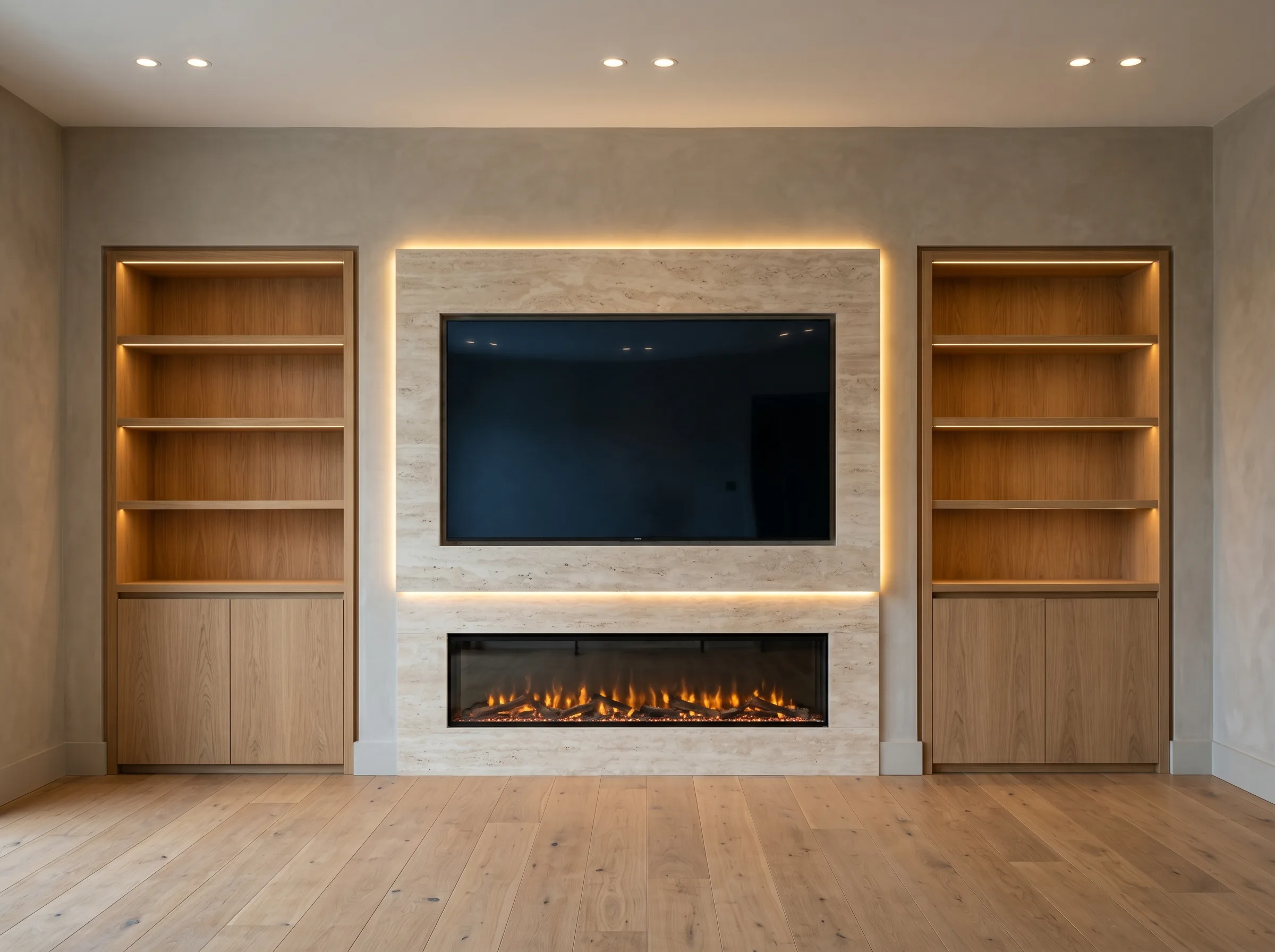Bespoke media wall installation Guildford Surrey with natural oak shelving, travertine stone back panel, LED halo lighting and linear electric fireplace