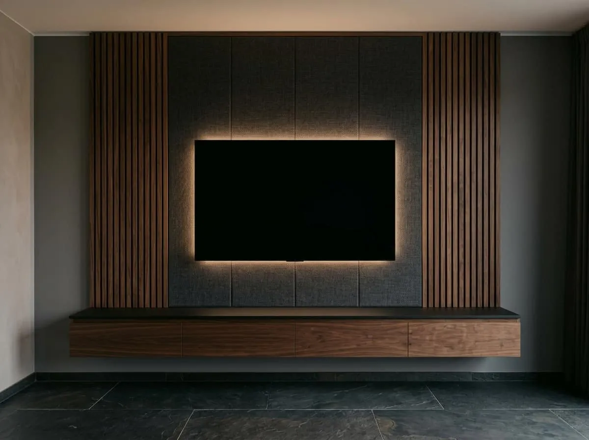 Compact media wall with dark walnut slatted panels, backlit fabric TV recess and floating walnut drawer unit