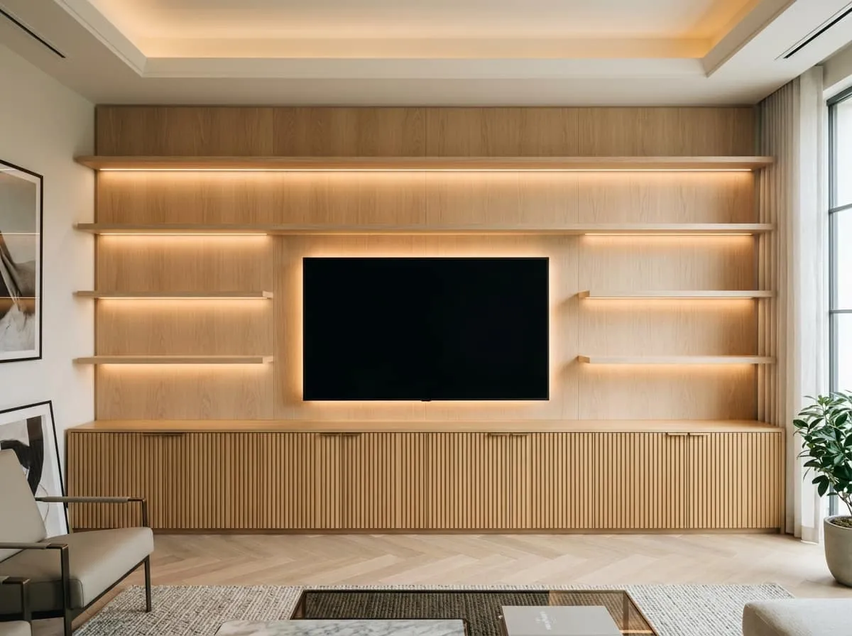 Bespoke media wall with integrated oak shelving, LED-lit alcoves and fluted cabinetry below the TV recess