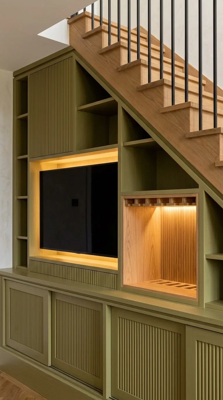 Under-stairs media wall detail in olive green with an LED-framed TV, an illuminated wine storage niche and fluted cabinet doors