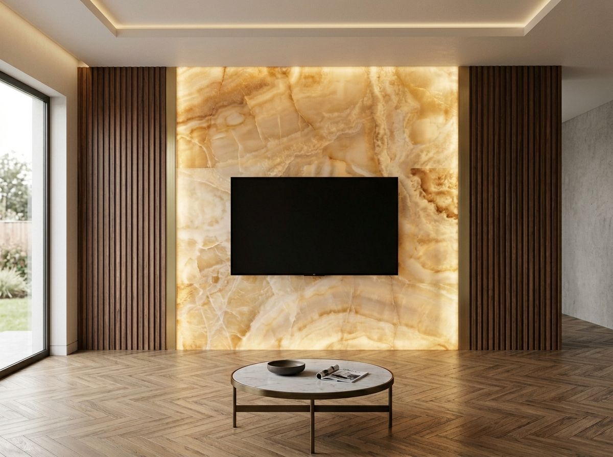 Luxury bespoke media wall installation Virginia Water Surrey with onyx marble back panel, premium joinery and integrated LED lighting