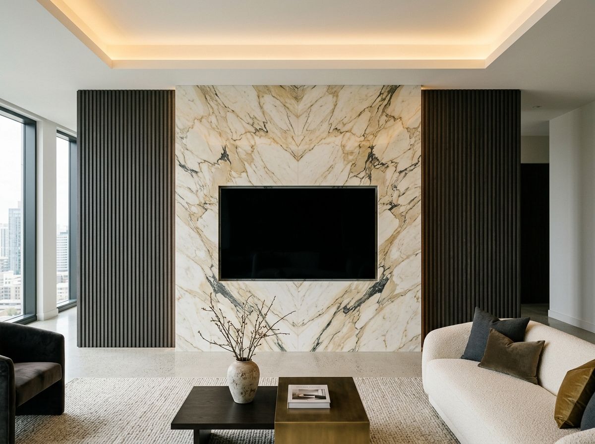 Premium bespoke media wall with marble feature panel installed in Virginia Water Surrey home