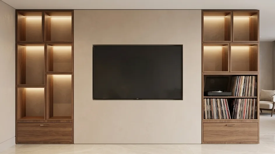 Walnut media wall with illuminated display shelving, turntable and vinyl record storage