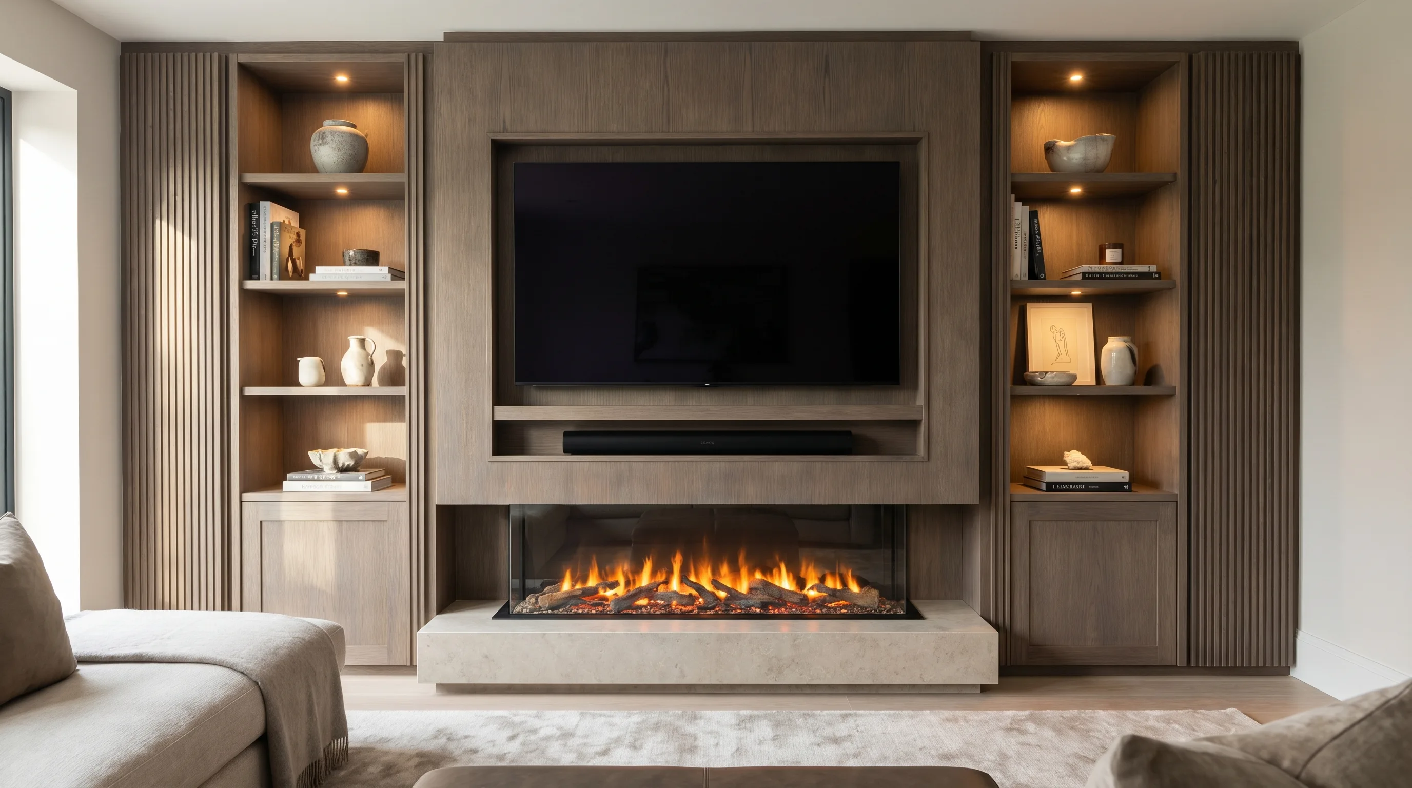 Fluted Oak with Fireplace bespoke media wall installation
