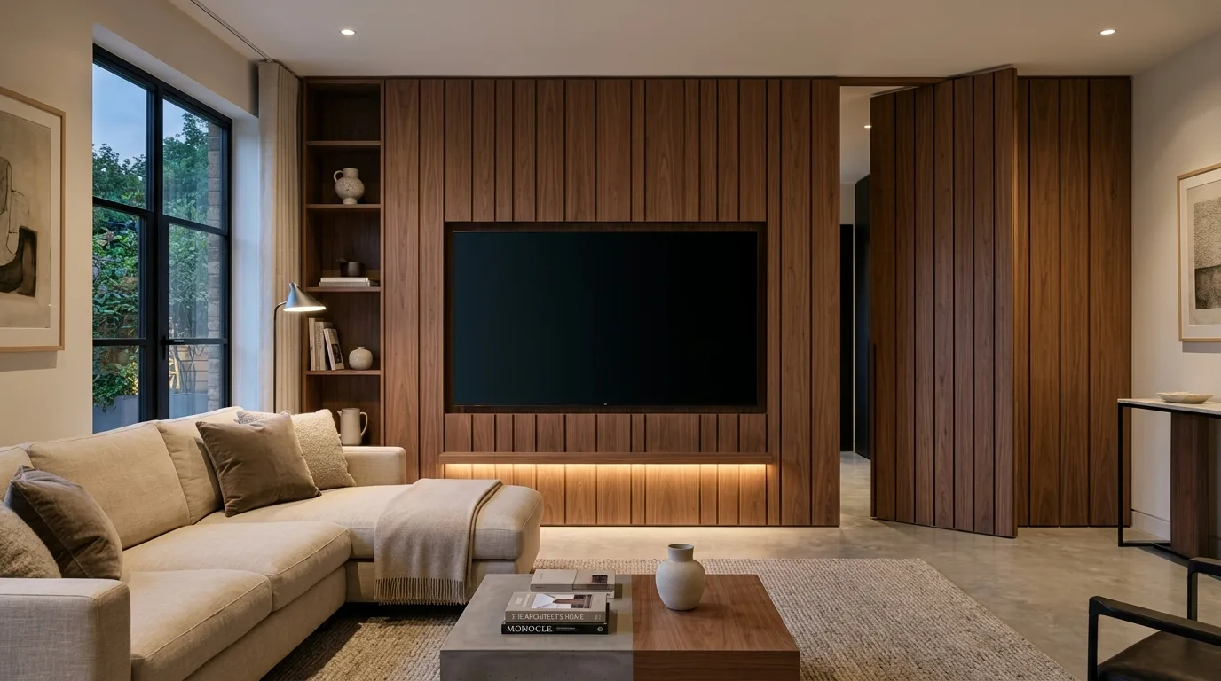 Walnut slatted wooden media wall with recessed TV, open shelving and a concealed door standing open to the hallway, London